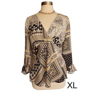 Women's Blouse Long Sleeve V-neck Print Top Loose Fit Dressy Oatmeal Top XL NWOT